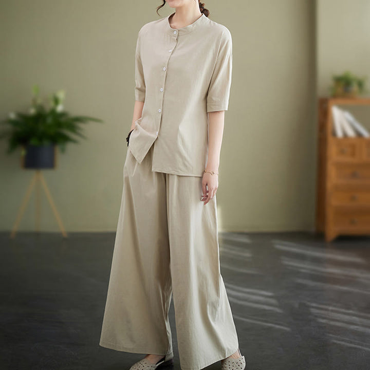 Buddha Stones 2点セット カジュアル 無地 ボタンデザイン 半袖シャツ ワイドレッグパンツ ポケット付き コットン 禅服 レディース セット - image 17