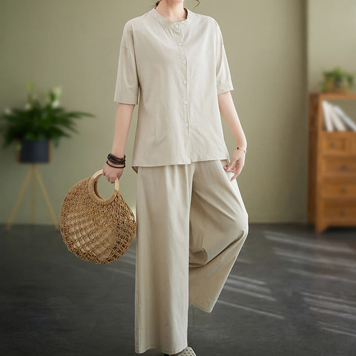 Buddha Stones 2点セット カジュアル 無地 ボタンデザイン 半袖シャツ ワイドレッグパンツ ポケット付き コットン 禅服 レディース セット - image 19