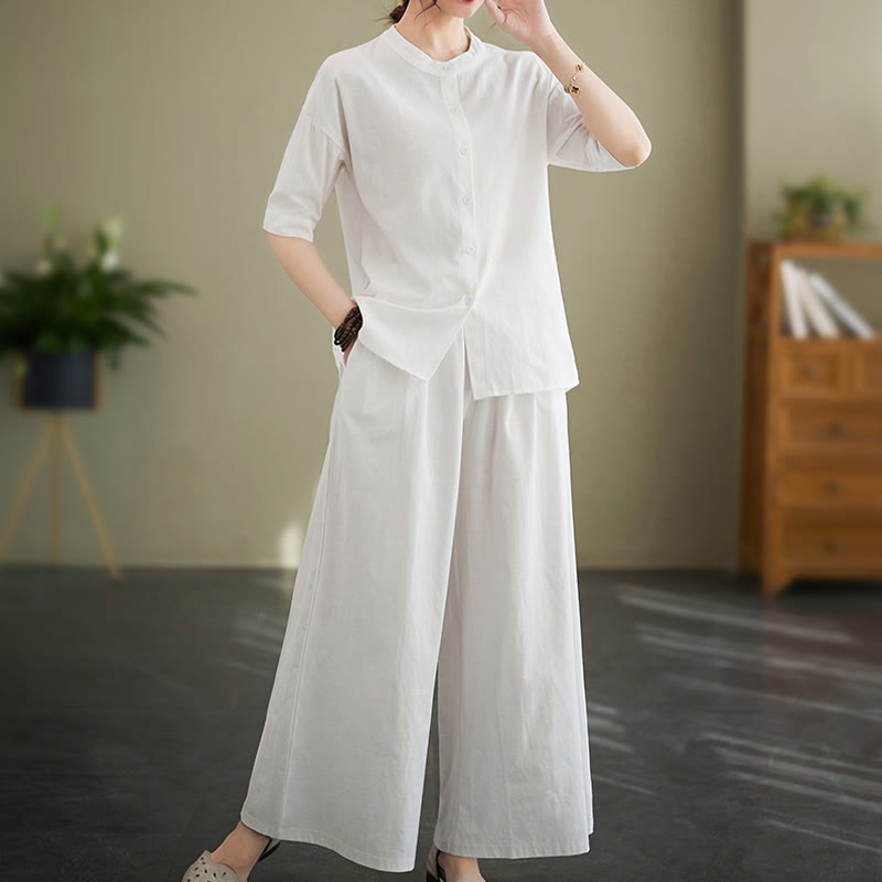 Buddha Stones 2点セット カジュアル 無地 ボタンデザイン 半袖シャツ ワイドレッグパンツ ポケット付き コットン 禅服 レディース セット - image 2
