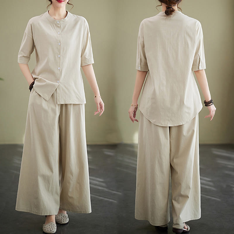Buddha Stones 2点セット カジュアル 無地 ボタンデザイン 半袖シャツ ワイドレッグパンツ ポケット付き コットン 禅服 レディース セット - image 29