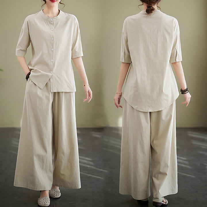 Buddha Stones 2点セット カジュアル 無地 ボタンデザイン 半袖シャツ ワイドレッグパンツ ポケット付き コットン 禅服 レディース セット - image 29