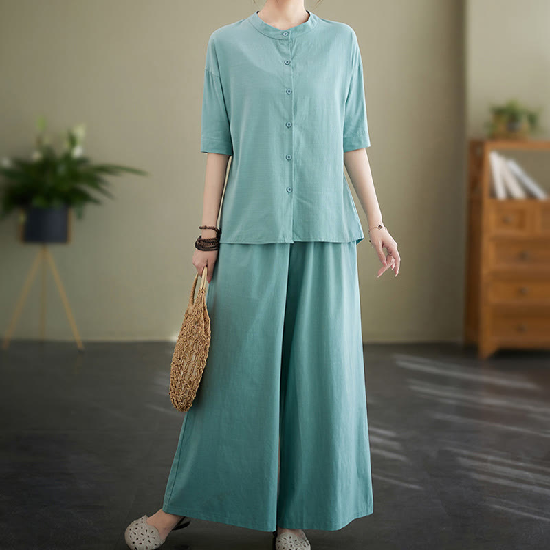 Buddha Stones 2点セット カジュアル 無地 ボタンデザイン 半袖シャツ ワイドレッグパンツ ポケット付き コットン 禅服 レディース セット - image 9