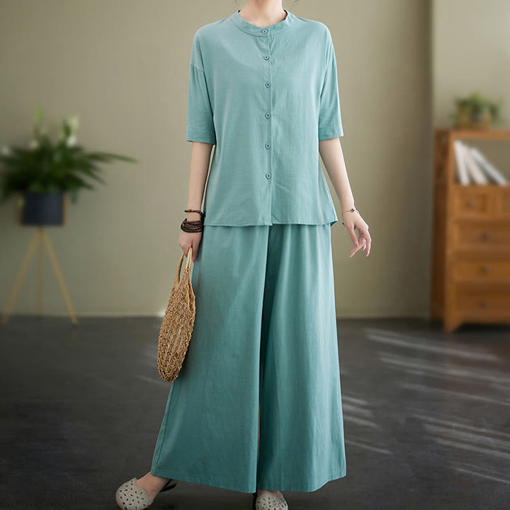 Buddha Stones 2点セット カジュアル 無地 ボタンデザイン 半袖シャツ ワイドレッグパンツ ポケット付き コットン 禅服 レディース セット - image 9