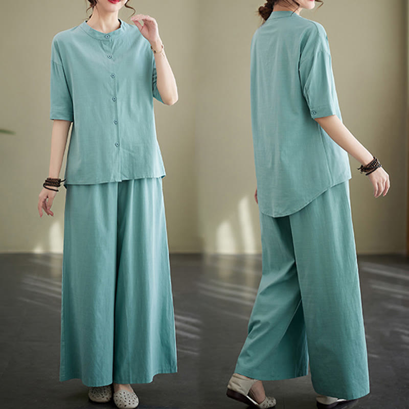 Buddha Stones 2点セット カジュアル 無地 ボタンデザイン 半袖シャツ ワイドレッグパンツ ポケット付き コットン 禅服 レディース セット - image 13