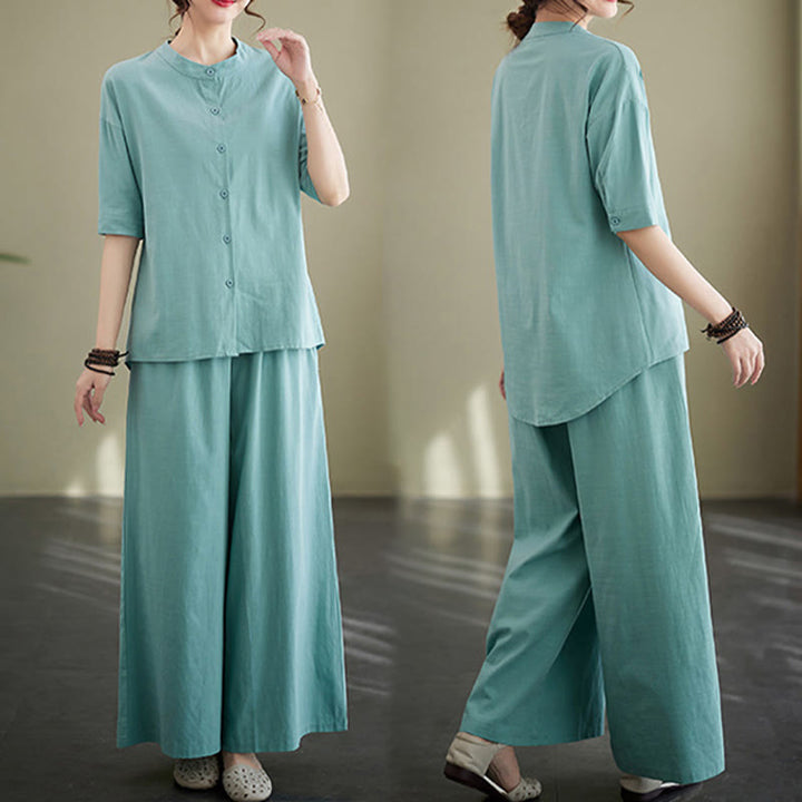 Buddha Stones 2点セット カジュアル 無地 ボタンデザイン 半袖シャツ ワイドレッグパンツ ポケット付き コットン 禅服 レディース セット - image 13