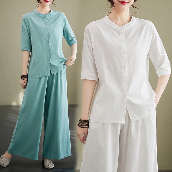 Buddha Stones 2点セット カジュアル 無地 ボタンデザイン 半袖シャツ ワイドレッグパンツ ポケット付き コットン 禅服 レディース セット - image 15