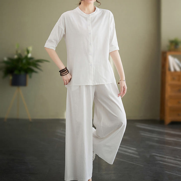 Buddha Stones 2点セット カジュアル 無地 ボタンデザイン 半袖シャツ ワイドレッグパンツ ポケット付き コットン 禅服 レディース セット - image 3