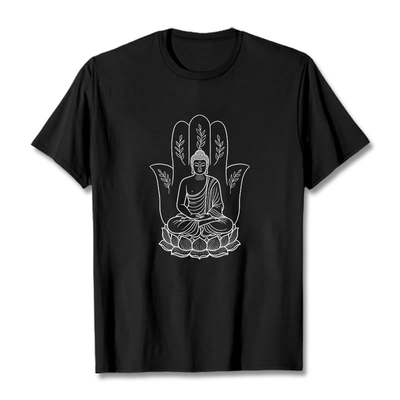 Buddha Stones、瞑想する仏陀、座禅、手の葉、蓮のベースTシャツ - 黒 - 2XL - image 4
