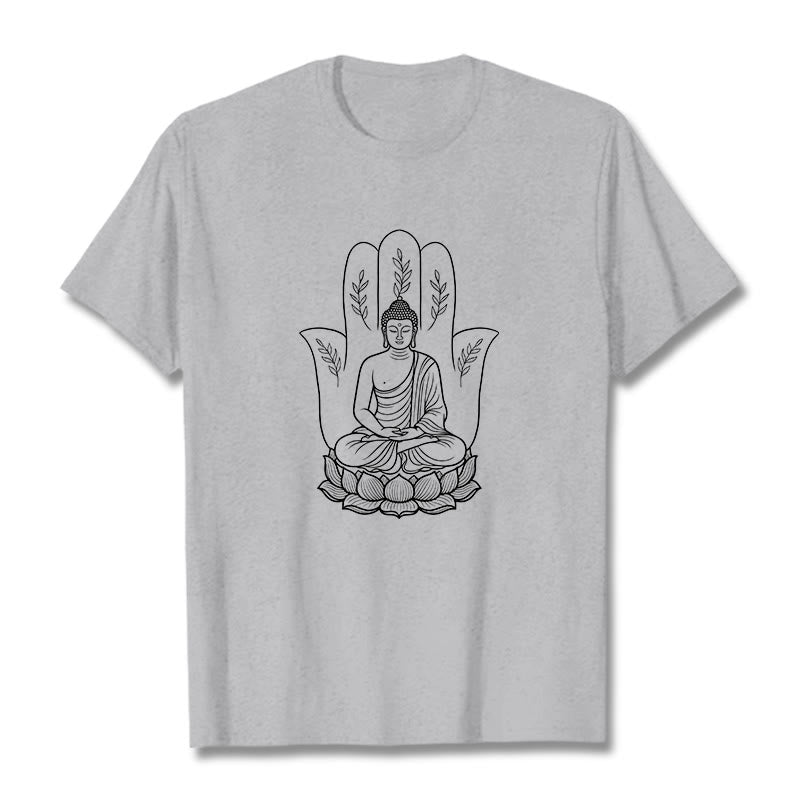 Buddha Stones、瞑想する仏陀、座禅、手の葉、蓮のベースTシャツ - ライトグレー - 2XL - image 19