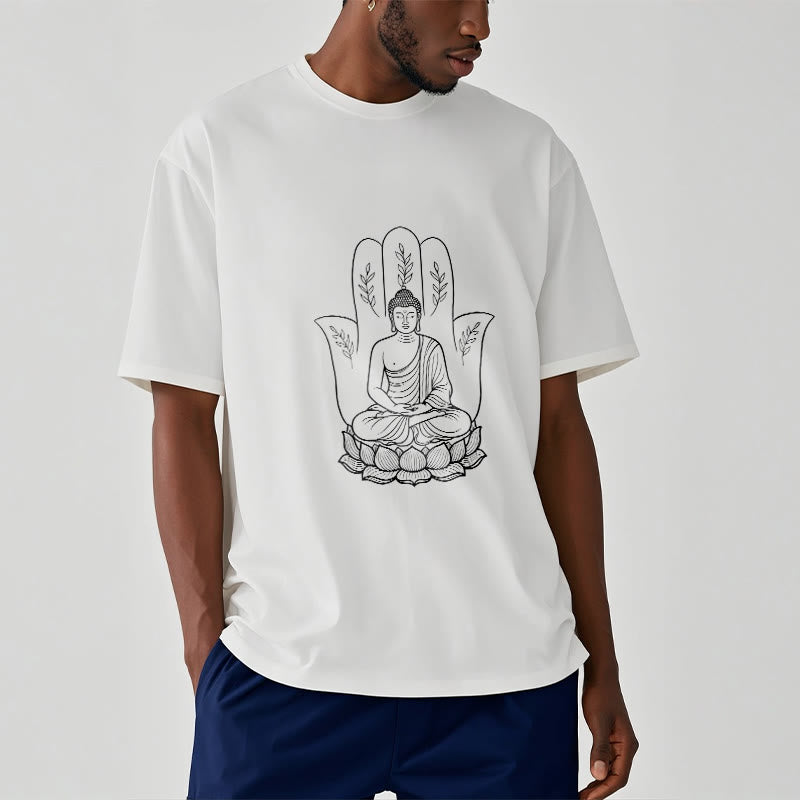 Buddha Stones、瞑想する仏陀、座禅、手の葉、蓮のベースTシャツ - image 1