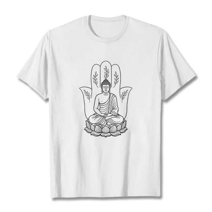 Buddha Stones、瞑想する仏陀、座禅、手の葉、蓮のベースTシャツ - 白 - 2XL - image 0