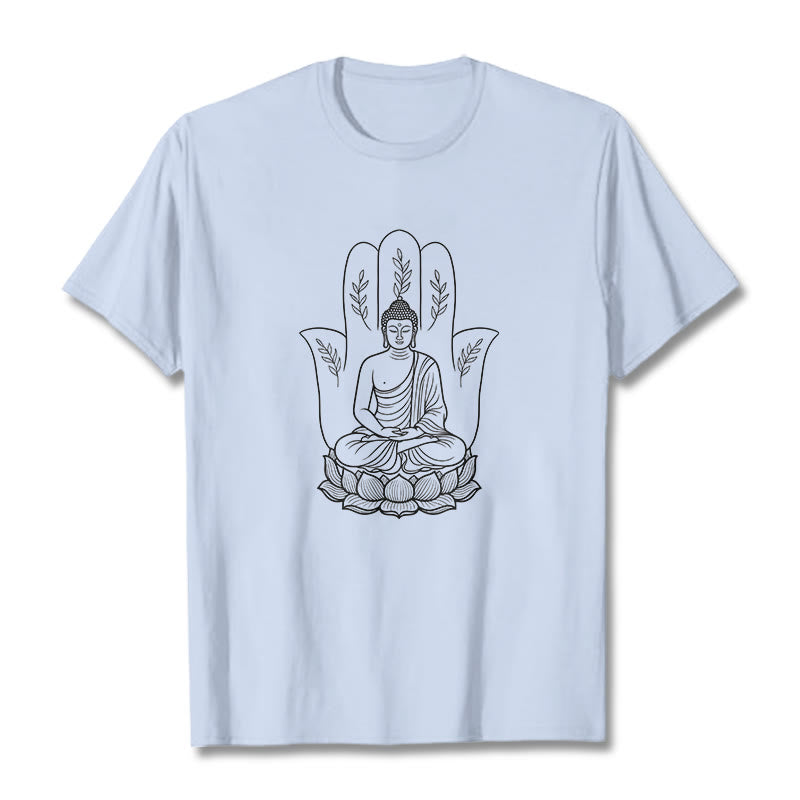 Buddha Stones、瞑想する仏陀、座禅、手の葉、蓮のベースTシャツ - ライトシアン - 2XL - image 18