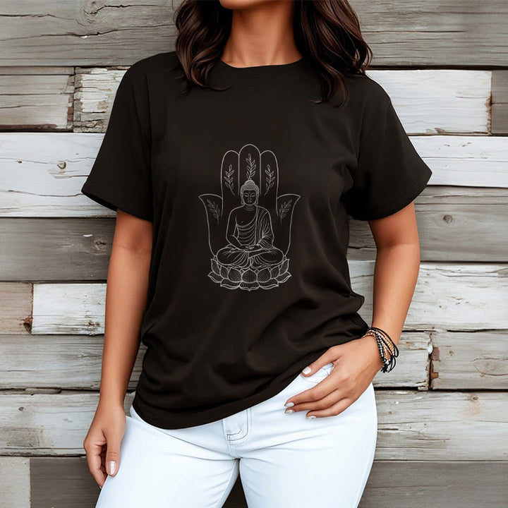 Buddha Stones、瞑想する仏陀、座禅、手の葉、蓮のベースTシャツ - image 7
