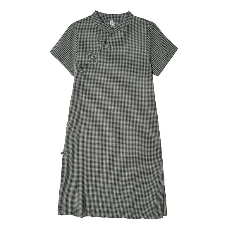Buddha Stonesチェック柄半袖カエルボタンデザインコットンリネン改良チャイナドレス - image 14