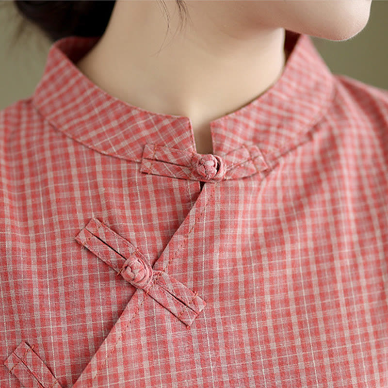 Buddha Stonesチェック柄半袖カエルボタンデザインコットンリネン改良チャイナドレス - image 4