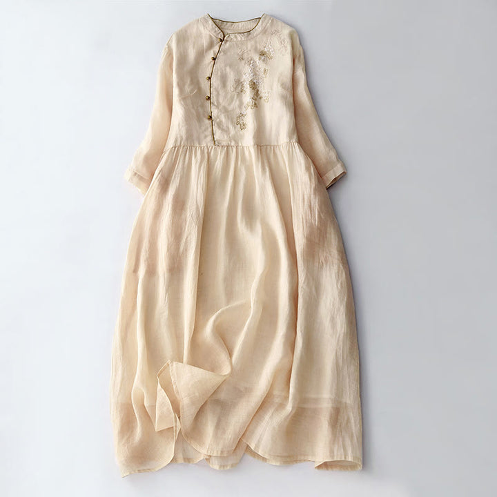 Buddha Stones刺繍ボタンデザイン ポケット付き長袖コットンリネンミディドレス - レモンシフォン - US8-10，UK/AU12-14，EU40-42 (2XL) - image 0