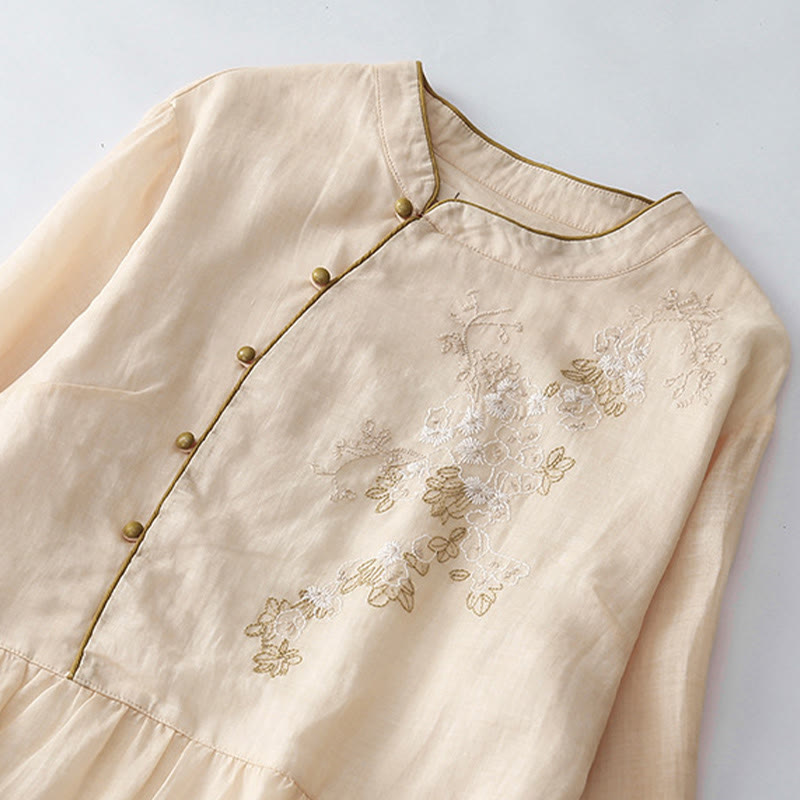 Buddha Stones刺繍ボタンデザイン ポケット付き長袖コットンリネンミディドレス - image 2