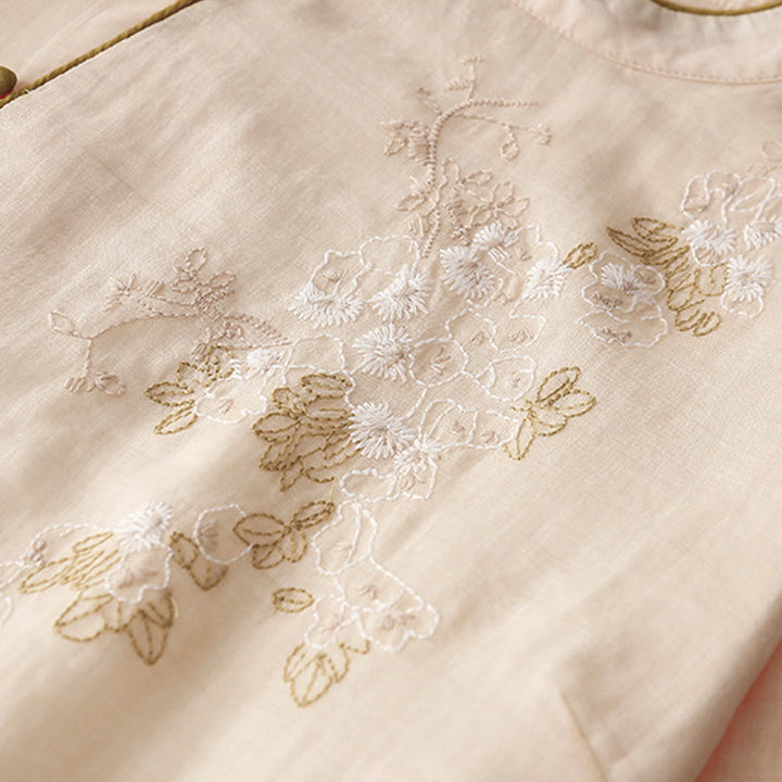 Buddha Stones刺繍ボタンデザイン ポケット付き長袖コットンリネンミディドレス - image 6