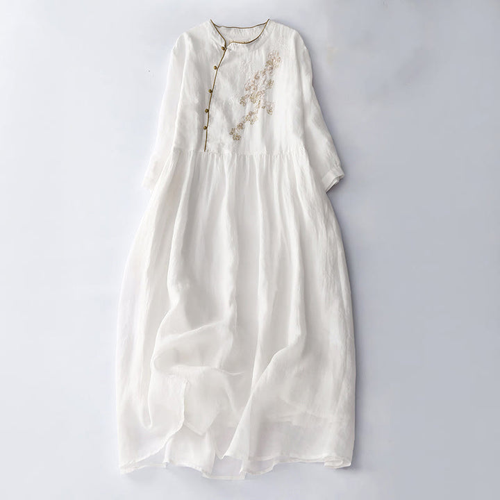 Buddha Stones刺繍ボタンデザイン ポケット付き長袖コットンリネンミディドレス - 白 - US8-10，UK/AU12-14，EU40-42 (2XL) - image 15