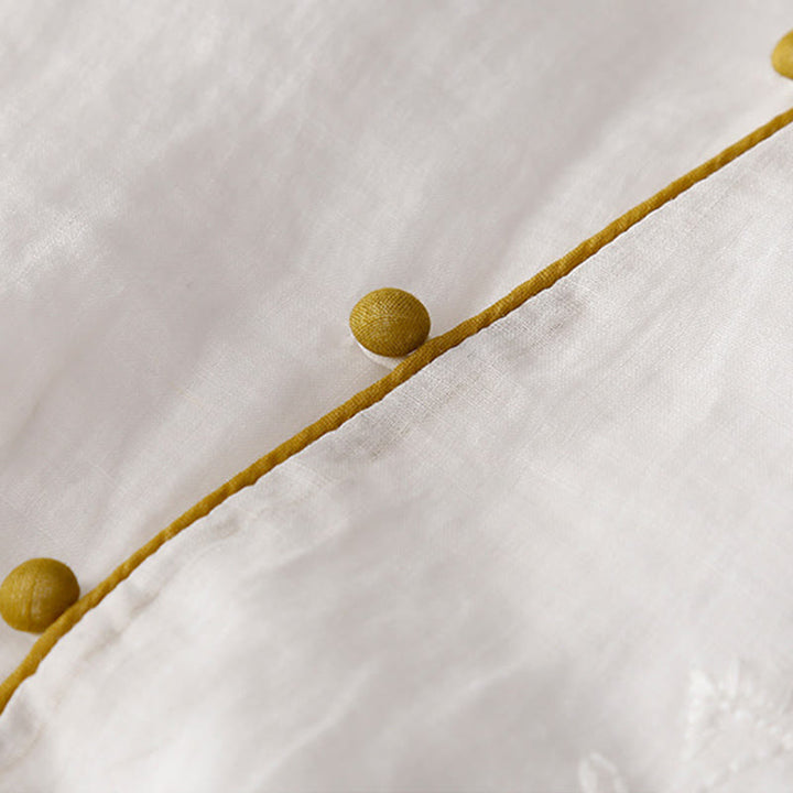 Buddha Stones刺繍ボタンデザイン ポケット付き長袖コットンリネンミディドレス - image 18