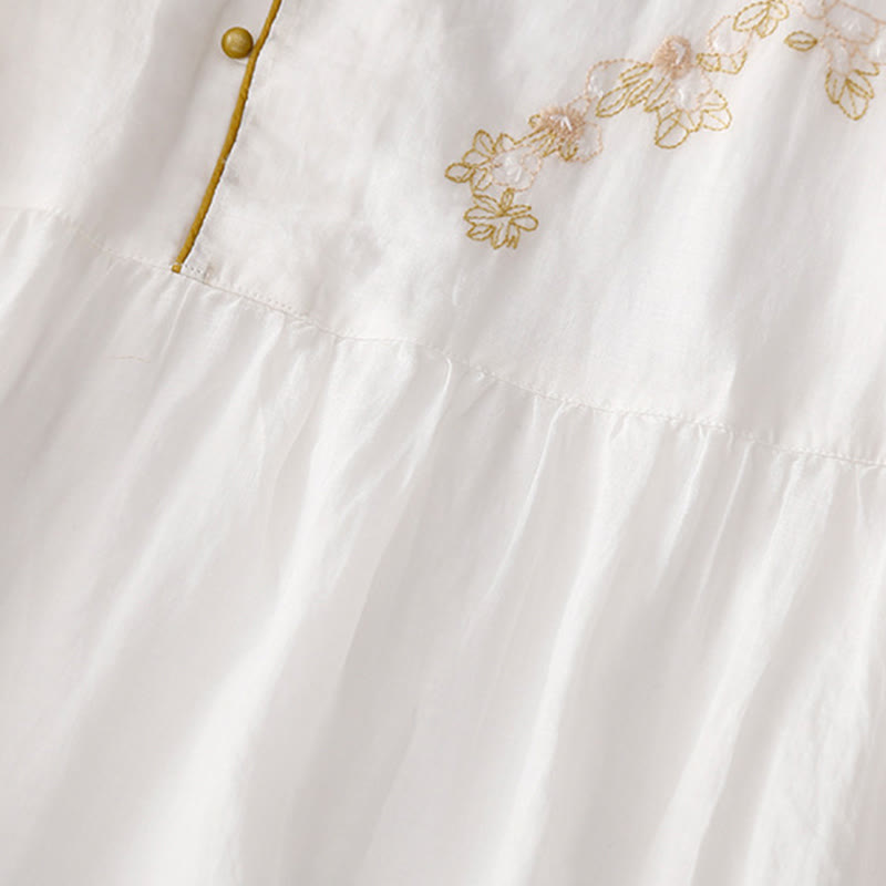 Buddha Stones刺繍ボタンデザイン ポケット付き長袖コットンリネンミディドレス - image 19