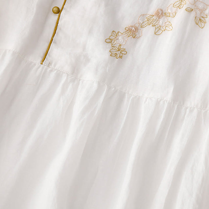 Buddha Stones刺繍ボタンデザイン ポケット付き長袖コットンリネンミディドレス - image 19