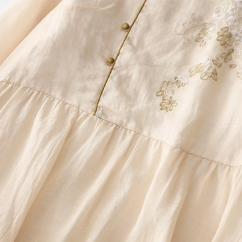 Buddha Stones刺繍ボタンデザイン ポケット付き長袖コットンリネンミディドレス - image 4