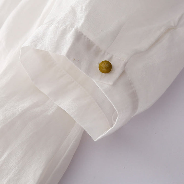 Buddha Stones刺繍ボタンデザイン ポケット付き長袖コットンリネンミディドレス - image 21