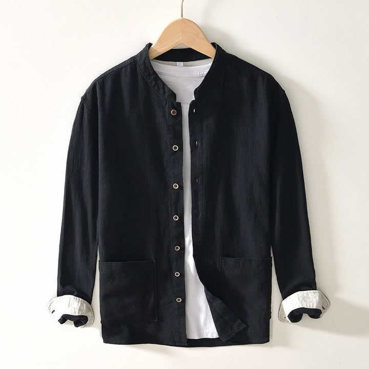 Buddha Stones無地 メンズ ボタン 長袖 コットンリネン シャツ ポケット付き - 黒 - US/UK/AU42、 EU52 (3XL) - image 7