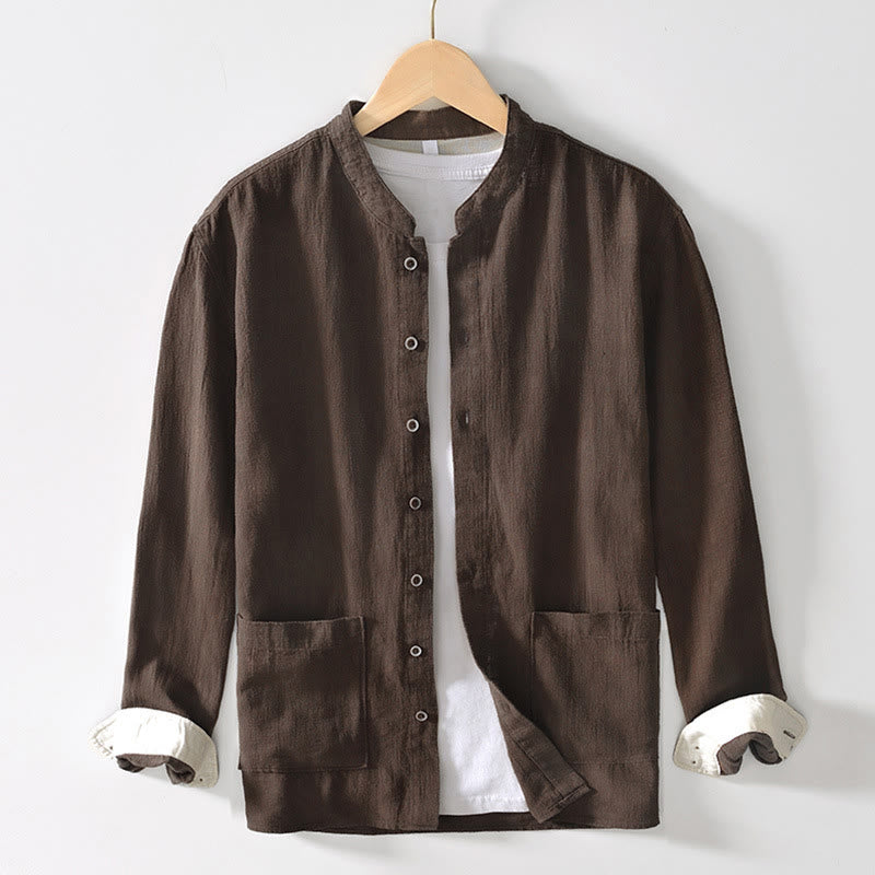 Buddha Stones無地 メンズ ボタン 長袖 コットンリネン シャツ ポケット付き - サドルブラウン - US/UK/AU42、 EU52 (3XL) - image 0
