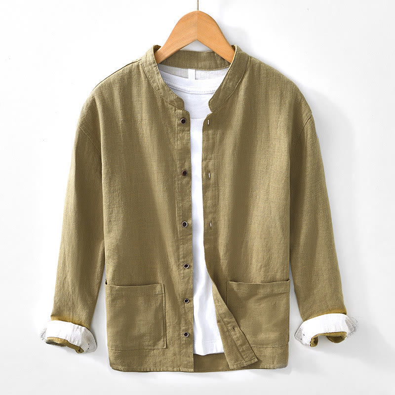 Buddha Stones無地 メンズ ボタン 長袖 コットンリネン シャツ ポケット付き - 黄緑 - US/UK/AU42、 EU52 (3XL) - image 23