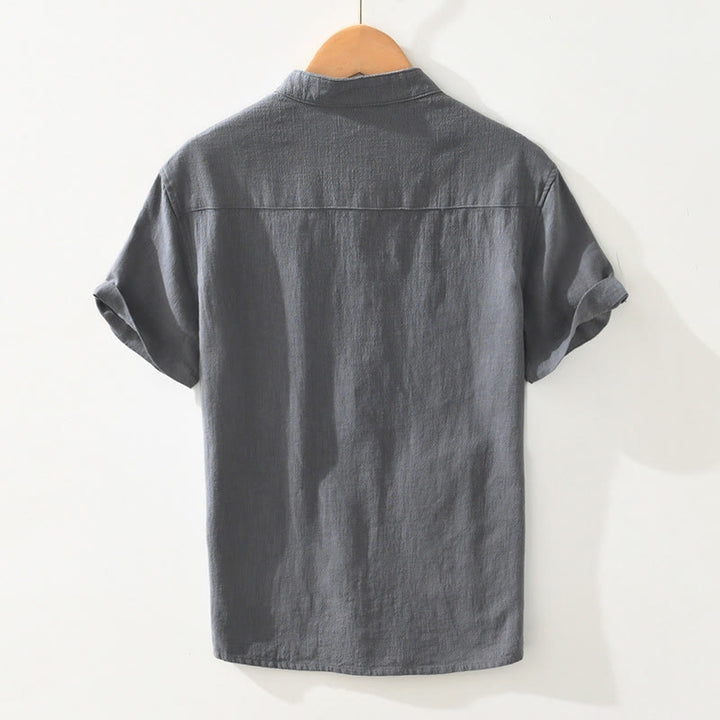Buddha Stonesカジュアルボタンデザイン スタンドカラー メンズ 半袖 コットンリネン シャツ ポケット付き - image 1