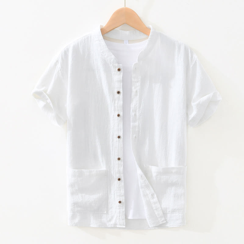Buddha Stonesカジュアルボタンデザイン スタンドカラー メンズ 半袖 コットンリネン シャツ ポケット付き - 白 - US/UK/AU42、 EU52 (3XL) - image 7