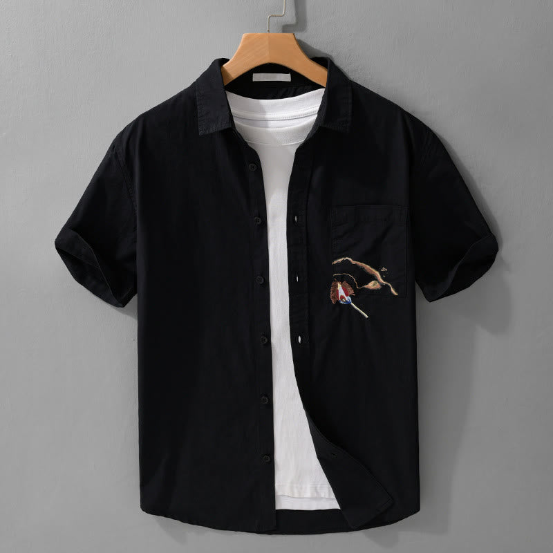 Buddha Stones刺繍マッチ炎柄ラペルメンズ半袖コットンシャツポケット付き - 黒 - US/UK/AU42、 EU52 (3XL) - image 10