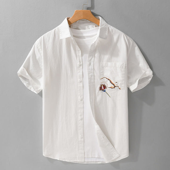 Buddha Stones刺繍マッチ炎柄ラペルメンズ半袖コットンシャツポケット付き - 白 - US/UK/AU42、 EU52 (3XL) - image 1