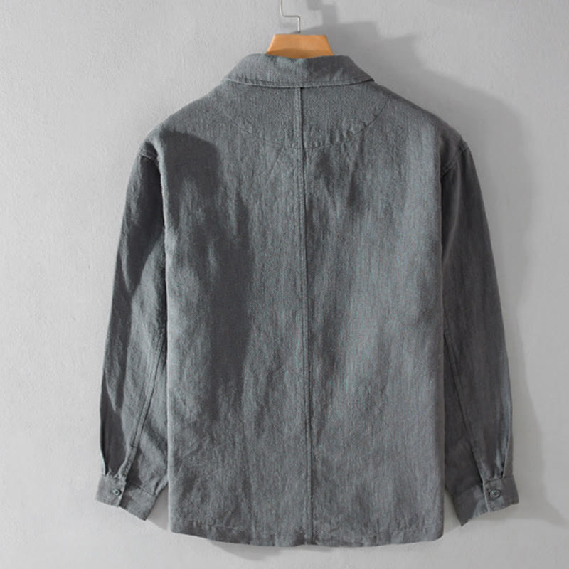 Buddha Stones通勤用 秋冬 無地 ラペル メンズ 長袖 コットンリネン シャツ ポケット付き - image 9