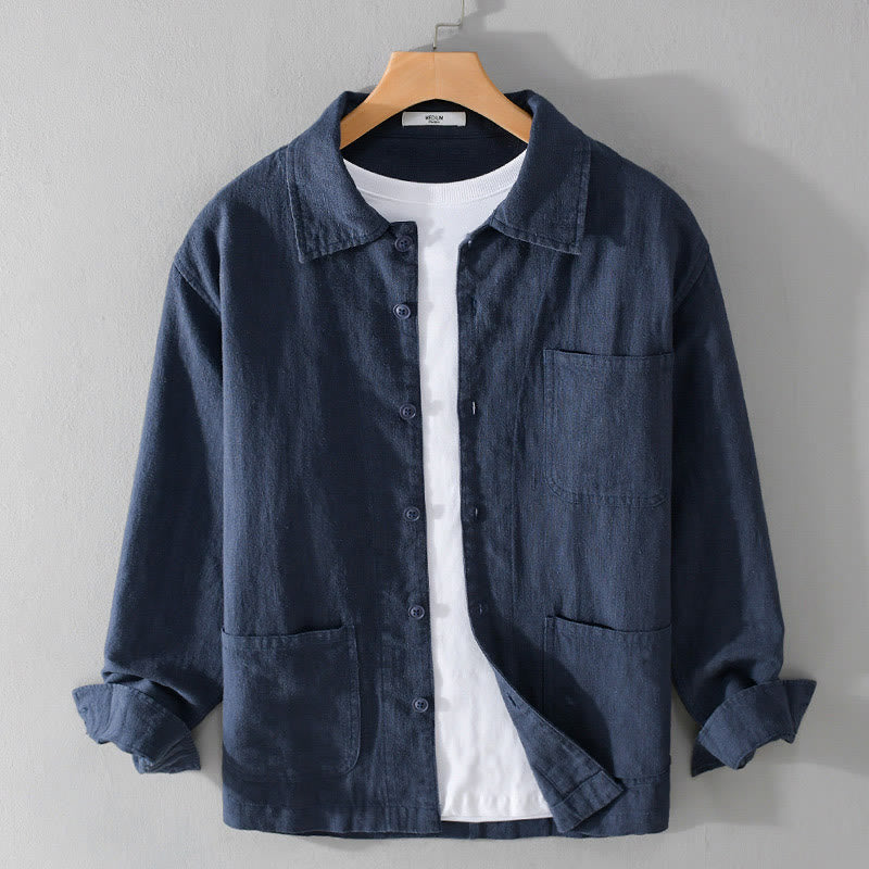 Buddha Stones通勤用 秋冬 無地 ラペル メンズ 長袖 コットンリネン シャツ ポケット付き - ミッドナイトブルー - US/UK/AU42、 EU52 (3XL) - image 14