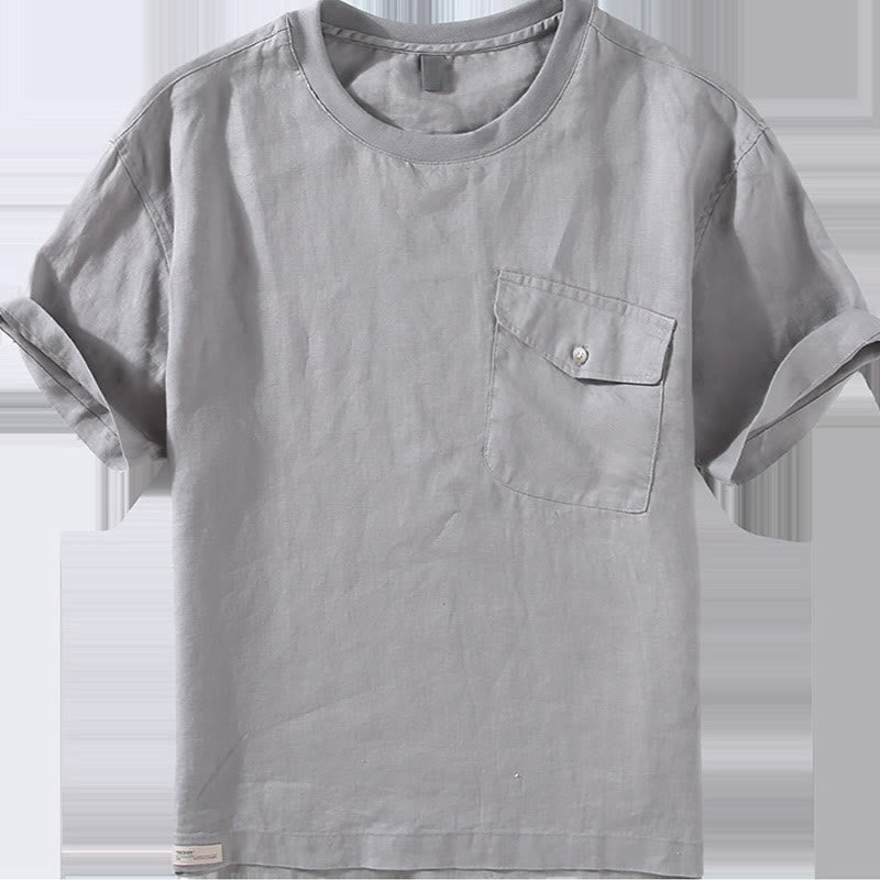 Buddha Stonesクルーネック シンプルデザイン メンズ 半袖 リネンシャツ ポケット付き - image 2
