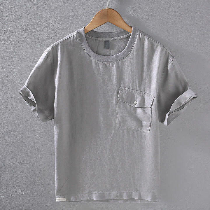 Buddha Stonesクルーネック シンプルデザイン メンズ 半袖 リネンシャツ ポケット付き - ダークグレー - US/UK/AU42、 EU52 (3XL) - image 1