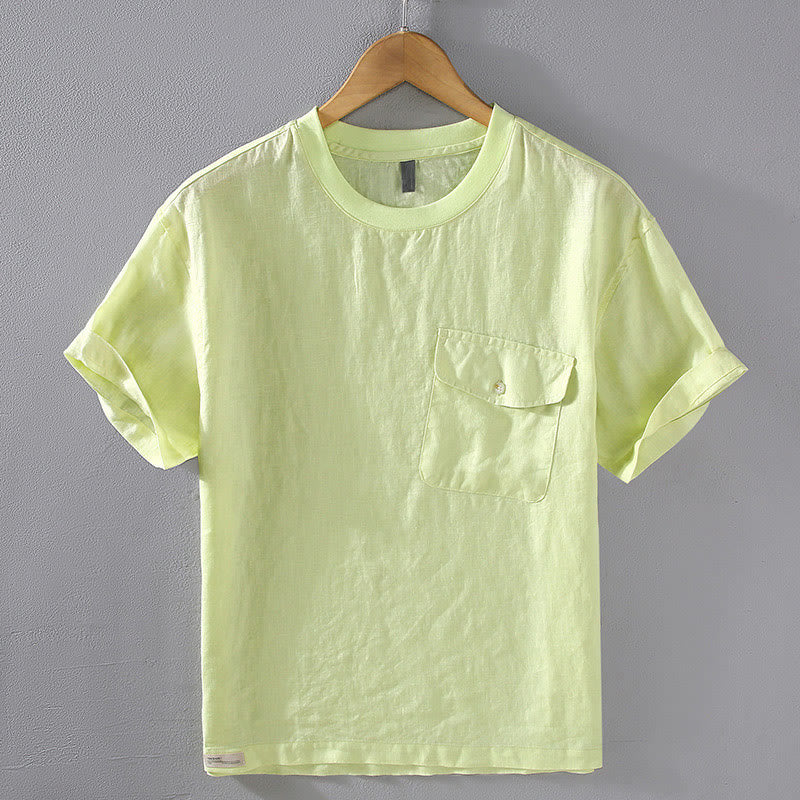 Buddha Stonesクルーネック シンプルデザイン メンズ 半袖 リネンシャツ ポケット付き - 緑黄色 - US/UK/AU42、 EU52 (3XL) - image 10