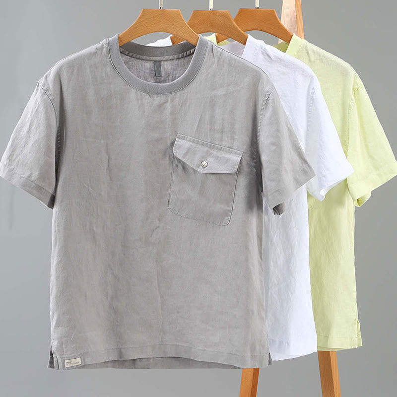 Buddha Stonesクルーネック シンプルデザイン メンズ 半袖 リネンシャツ ポケット付き - image 14