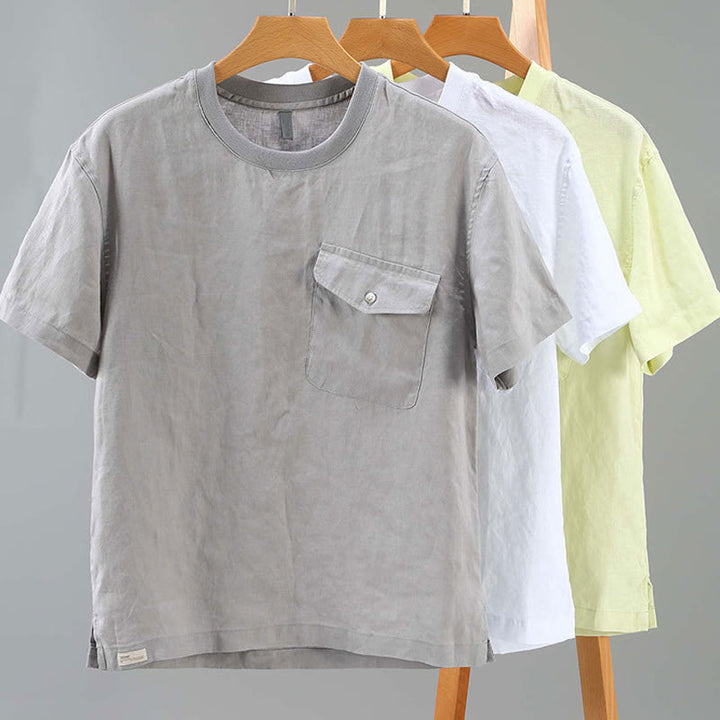 Buddha Stonesクルーネック シンプルデザイン メンズ 半袖 リネンシャツ ポケット付き - image 13