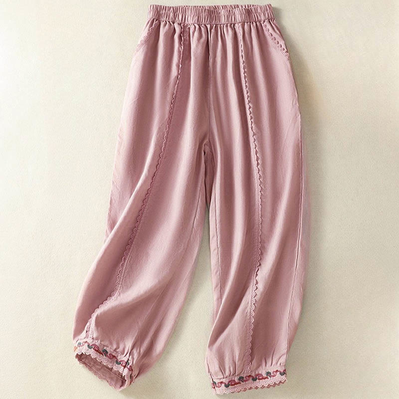 Buddha Stonesカジュアル 無地 レース サイドデザイン 7-8丈 コットンリネン レディース ハーレムパンツ ポケット付き - ピンク - US8-10，UK/AU12-14，EU40-42 (2XL) - image 8