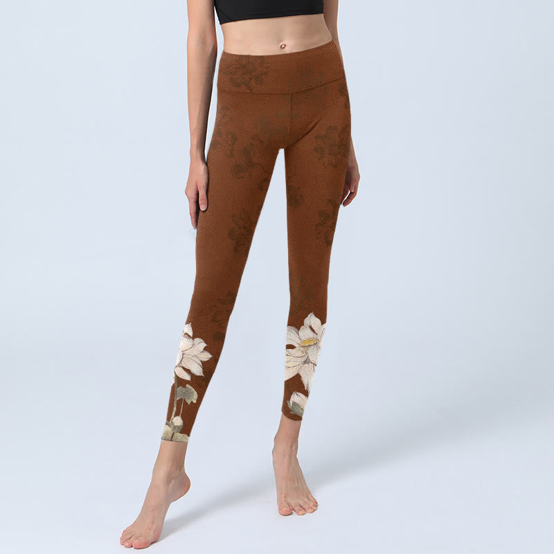 Buddha Stonesブラウン ホワイト ロータスフラワープリント ジムレギンス レディース ヨガパンツ - image 6
