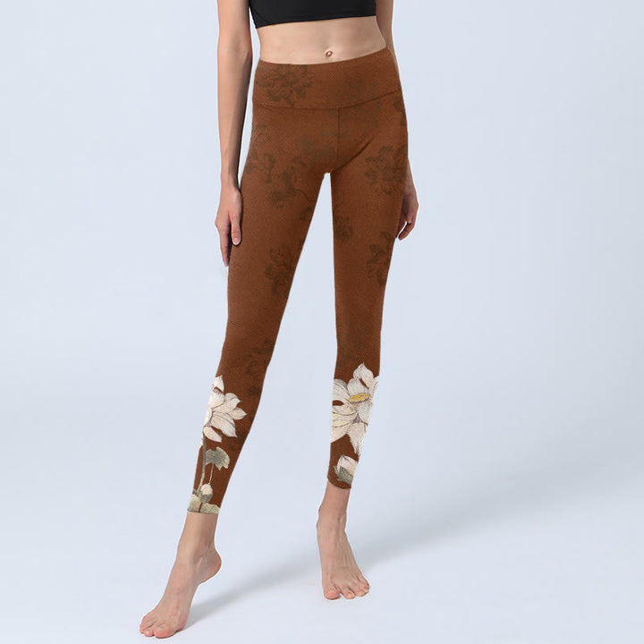 Buddha Stonesブラウン ホワイト ロータスフラワープリント ジムレギンス レディース ヨガパンツ - image 6