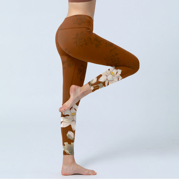 Buddha Stonesブラウン ホワイト ロータスフラワープリント ジムレギンス レディース ヨガパンツ - image 4