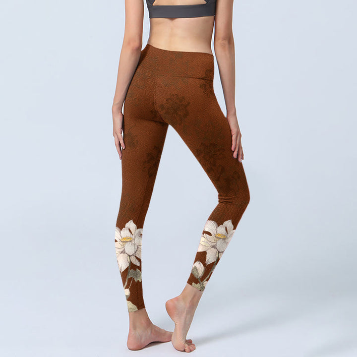Buddha Stonesブラウン ホワイト ロータスフラワープリント ジムレギンス レディース ヨガパンツ - image 5