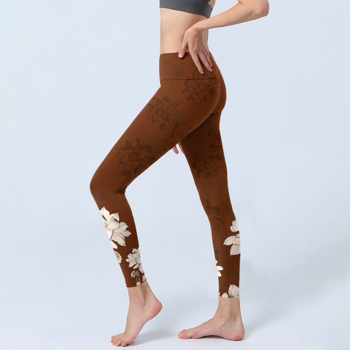 Buddha Stonesブラウン ホワイト ロータスフラワープリント ジムレギンス レディース ヨガパンツ - image 3