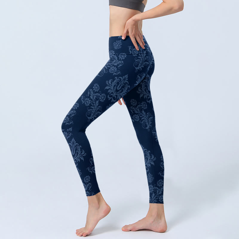 Buddha Stonesブルー フローラル リーフ プリント ジムレギンス レディース ヨガパンツ - image 3