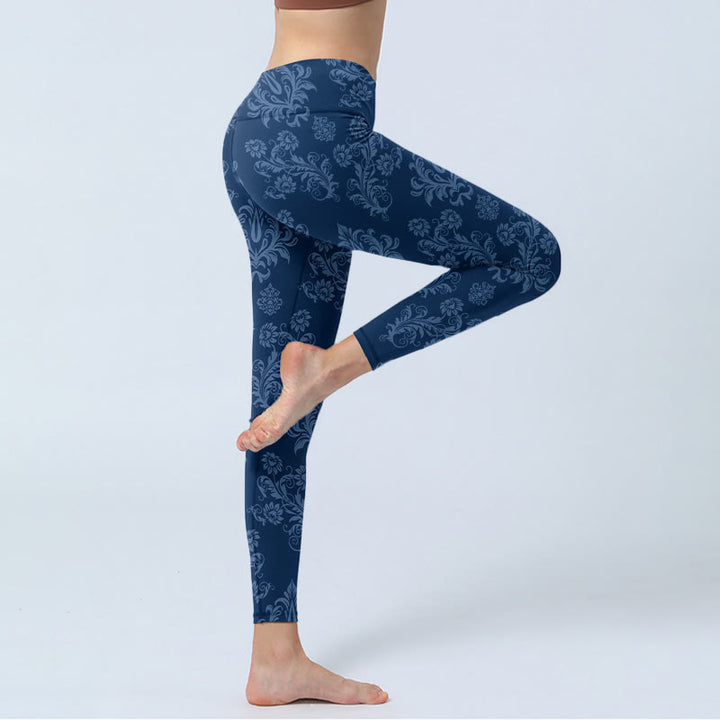 Buddha Stonesブルー フローラル リーフ プリント ジムレギンス レディース ヨガパンツ - image 4